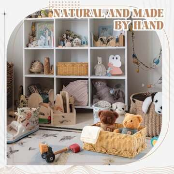 Sintuff 2 Pieces Hand Woven Rattan Basket with Lid Scalloped Storage Basket 2 Sizes Multipurpose Wicker Basket Large Decorative Storage Box for Shelf Closet, Natural