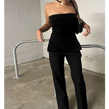 Cioatin Women’s Sexy Zip Slit Knit Strapless Bandeau Tube Tank Top Y2K Off Shoulder Slim Fit Sleeveless Backless Shirt Black