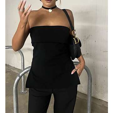Cioatin Women’s Sexy Zip Slit Knit Strapless Bandeau Tube Tank Top Y2K Off Shoulder Slim Fit Sleeveless Backless Shirt Black
