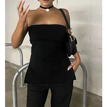 Cioatin Women’s Sexy Zip Slit Knit Strapless Bandeau Tube Tank Top Y2K Off Shoulder Slim Fit Sleeveless Backless Shirt Black