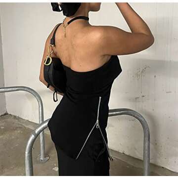 Cioatin Women’s Sexy Zip Slit Knit Strapless Bandeau Tube Tank Top Y2K Off Shoulder Slim Fit Sleeveless Backless Shirt Black