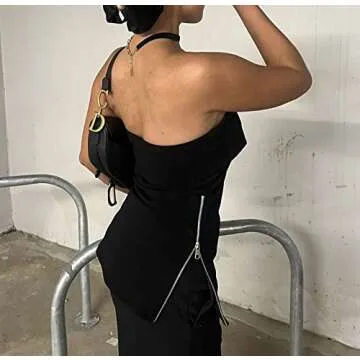 Cioatin Women’s Sexy Zip Slit Knit Strapless Bandeau Tube Tank Top Y2K Off Shoulder Slim Fit Sleeveless Backless Shirt Black