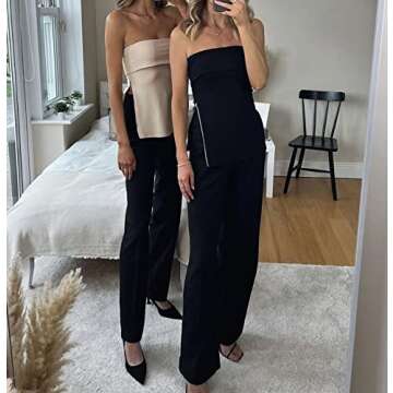 Cioatin Women’s Sexy Zip Slit Knit Strapless Bandeau Tube Tank Top Y2K Off Shoulder Slim Fit Sleeveless Backless Shirt Black