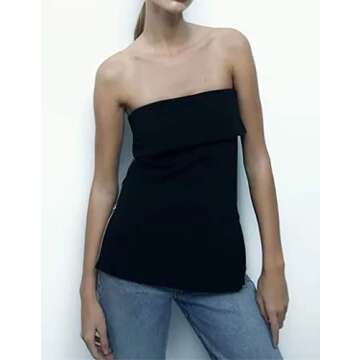 Cioatin Women’s Sexy Zip Slit Knit Strapless Bandeau Tube Tank Top Y2K Off Shoulder Slim Fit Sleeveless Backless Shirt Black