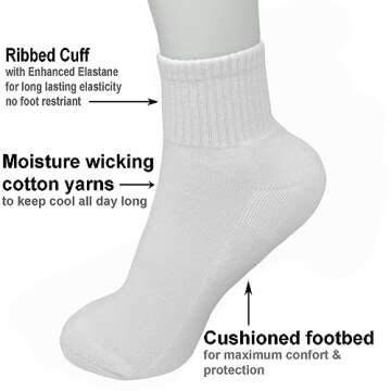 Glory Max 6 Pairs Women Cotton Solid Athletic Ankle Quarter Socks with Cushioning (White)