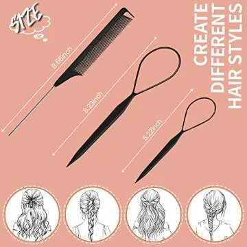 TsMADDTs 3Pack Hair Styling Tools Set with French Braid Loop, Rat Tail Comb, and Metal Pin Tail Brai...