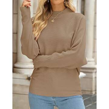 ZESICA Women's Fall Turtleneck Batwing Long Sleeve Ribbed Knit Casual Soft Pullover Sweater Jumper Top,Camel,Small