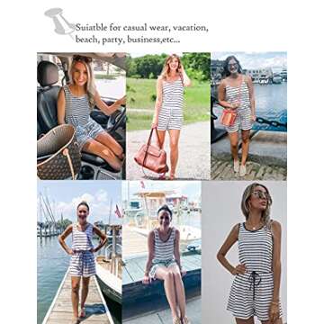 ADOME Women's Summer Casual Shorts Jumpsuit Striped Scoop Neck Sleeveless Tank Top Rompers With Pock...