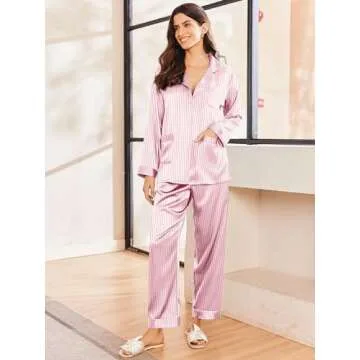 Ekouaer Silk Pajamas for Women Classic Button Down Satin Pajama Sets Long Sleeve Lounge Set