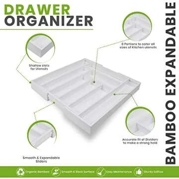 Utopia Kitchen Silverware Organizer, Expandable Bamboo Utensil Drawer Organizer, Kitchen Drawer Organizer for Cutlery, Utensils, Flatware Holder (6-8 Slots, White) Pack of 1