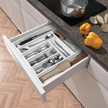 Utopia Kitchen Silverware Organizer, Expandable Bamboo Utensil Drawer Organizer, Kitchen Drawer Organizer for Cutlery, Utensils, Flatware Holder (6-8 Slots, White) Pack of 1