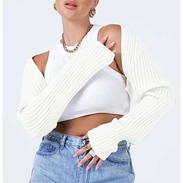LILLUSORY Womens Crop Cardigans Sweater Bolero Shrug Y2K Cute Tops Fall Fashion Trendy Long Sleeve Outfit Clothes White Small