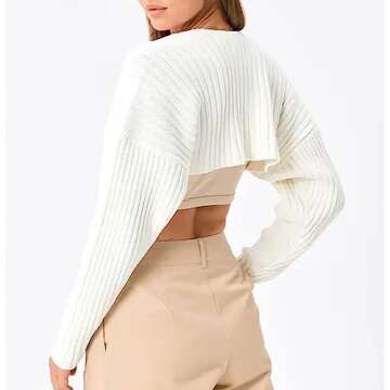 LILLUSORY Womens Crop Cardigans Sweater Bolero Shrug Y2K Cute Tops Fall Fashion Trendy Long Sleeve Outfit Clothes White Small