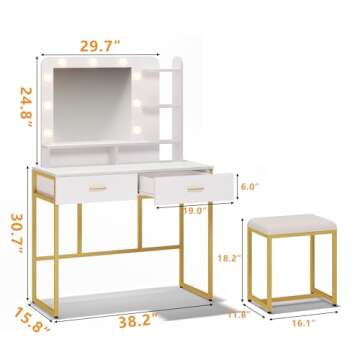 Vanity Set with Lighted Mirror,Vanity Desk with 2 Drawers,Makeup Vanity Dressing Table with 9 Lights for Women, Dresser Desk Vanity Set for Bedroom,with Cushioned Stool,Gold (White)