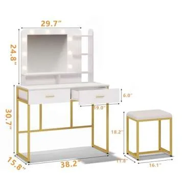 Vanity Set with Lighted Mirror,Vanity Desk with 2 Drawers,Makeup Vanity Dressing Table with 9 Lights for Women, Dresser Desk Vanity Set for Bedroom,with Cushioned Stool,Gold (White)