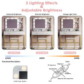 Vanity Set with Lighted Mirror,Vanity Desk with 2 Drawers,Makeup Vanity Dressing Table with 9 Lights for Women, Dresser Desk Vanity Set for Bedroom,with Cushioned Stool,Gold (White)