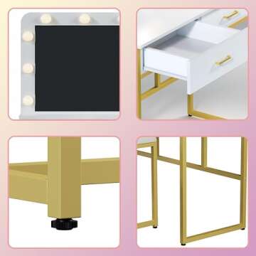 Vanity Set with Lighted Mirror,Vanity Desk with 2 Drawers,Makeup Vanity Dressing Table with 9 Lights for Women, Dresser Desk Vanity Set for Bedroom,with Cushioned Stool,Gold (White)