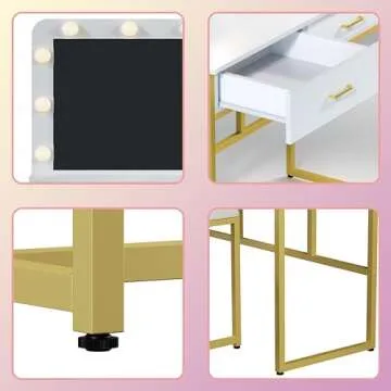 Vanity Set with Lighted Mirror,Vanity Desk with 2 Drawers,Makeup Vanity Dressing Table with 9 Lights for Women, Dresser Desk Vanity Set for Bedroom,with Cushioned Stool,Gold (White)