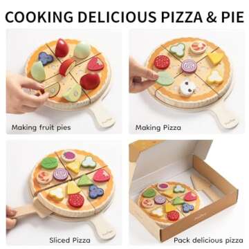 PairPear Wooden Pizza Toy Cutting Play Food Set, Kids Pretend Play Kitchen Accessories, Wooden Kids Kitchen Playset, Pizza Making Toy Set Cooking Gifts for Boys Girls Age 3+