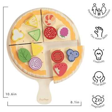 PairPear Wooden Pizza Toy Cutting Play Food Set, Kids Pretend Play Kitchen Accessories, Wooden Kids Kitchen Playset, Pizza Making Toy Set Cooking Gifts for Boys Girls Age 3+