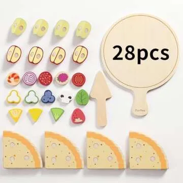 PairPear Wooden Pizza Toy Cutting Play Food Set, Kids Pretend Play Kitchen Accessories, Wooden Kids Kitchen Playset, Pizza Making Toy Set Cooking Gifts for Boys Girls Age 3+