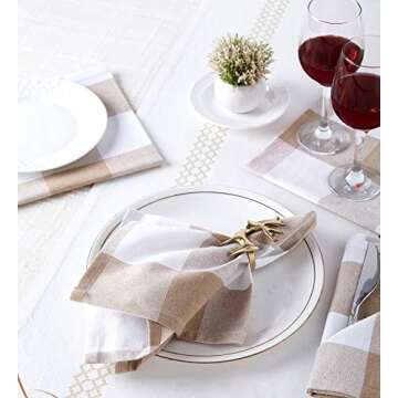 Encasa XO Cotton Cloth Napkins Set of 12 | Buffalo Beige Checks | 43x43 cm | Dining Table Napkins | ...