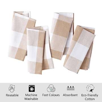 Encasa XO Cotton Cloth Napkins Set of 12 | Buffalo Beige Checks | 43x43 cm | Dining Table Napkins | Machine Washable & Reusable