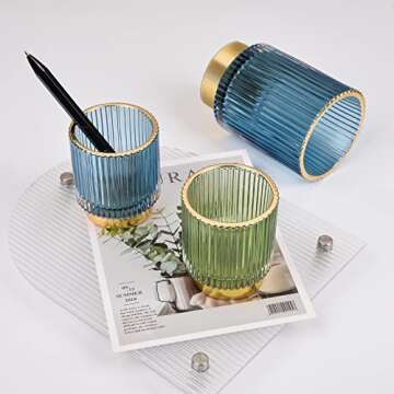 CANITORON Makeup Brush Holder 2 Pack, Glass Cosmetic Makeup Brush Organizer, Storage Organizer for Paint Brush, Pen, Pencil, Eyeliner, Bathroom Counter, Dresser, Bedroom Storage Cup-Green S+L