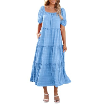 PRETTYGARDEN Women's Casual Maxi Dresses Summer Short Sleeve Off The Shoulder Ruffle Tiered Flowy Bo...