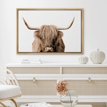 SIGNLEADER Framed Canvas Print Wall Art Brown Full-Frame Closeup of Highland Cow Animals Wilderness Photography Realism Portrait Relax/Calm Duotone for Living Room, Bedroom, Office - 24"x36" Natural