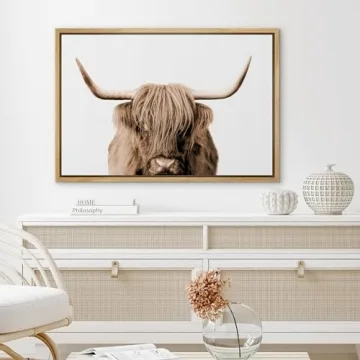SIGNLEADER Framed Canvas Print Wall Art Brown Full-Frame Closeup of Highland Cow Animals Wilderness Photography Realism Portrait Relax/Calm Duotone for Living Room, Bedroom, Office - 24"x36" Natural