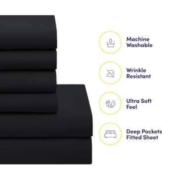 Sweet Home Collection 7 Piece Comforter Set Bag Solid Color All Season Soft Down Alternative Blanket & Luxurious Microfiber Bed Sheets, Black, Queen
