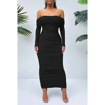 PRETTYGARDEN Women's Fall Off Shoulder Maxi Bodycon Dress Long Sleeve Ruched Fitted Club Dresses with Slit (Black,X-Large)