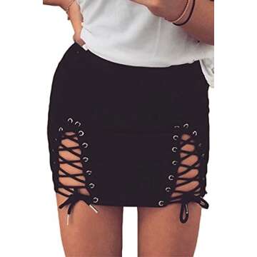 Meyeeka Women's High Waist Faux Suede Bodycon Pencil Lace Up Mini Skirt Black M