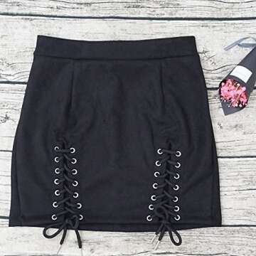 Meyeeka Women's High Waist Faux Suede Bodycon Pencil Lace Up Mini Skirt Black M