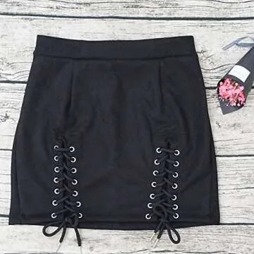 Meyeeka Women's High Waist Faux Suede Bodycon Pencil Lace Up Mini Skirt Black M