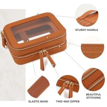 Prite Large Clear Makeup Bag Double Layer Makeup Bag for Women Travel Toiletry Bag Cosmetic Train Case with a Separate Brush Compartment for Car Essentials(Brown)