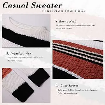 KIRUNDO Women's 2025 Fall Winter Striped Color Block Short Sweater Long Sleeve Crew Neck Casual Loose Knit Pullover Tops(Medium, 1977-Orange)