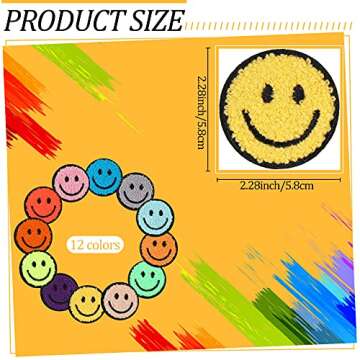12 Pcs Smile Face Patch Iron On Patches Happy Face Chenille Patches for Clothes Dress Jackets Smile ...
