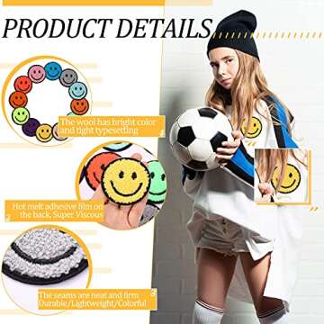 12 Pcs Smile Face Patch Iron On Patches Happy Face Chenille Patches for Clothes Dress Jackets Smile Patches for Hats Cute Embroidery DIY Project Craft Applique, 2.2 Inch(Towel Cloth Style)