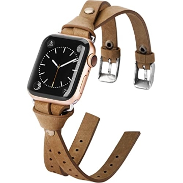 Minyee Leather Band Compatible with Apple Watch Bands 38/40/41/42/44/45/46/49mm Women, Slim Double K...