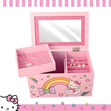 Hello Kitty Jewelry Box with Tray and Storage Official License, Pink Jewelry Box, Wood Jewelry Organ...
