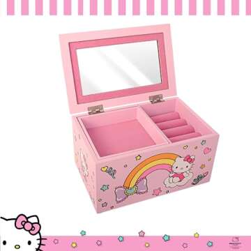 Hello Kitty Jewelry Box with Tray and Storage Official License, Pink Jewelry Box, Wood Jewelry Organizer, Sanrio Gifts (Pink)