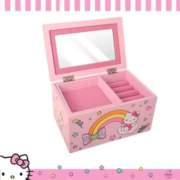 Hello Kitty Jewelry Box with Tray and Storage Official License, Pink Jewelry Box, Wood Jewelry Organizer, Sanrio Gifts (Pink)