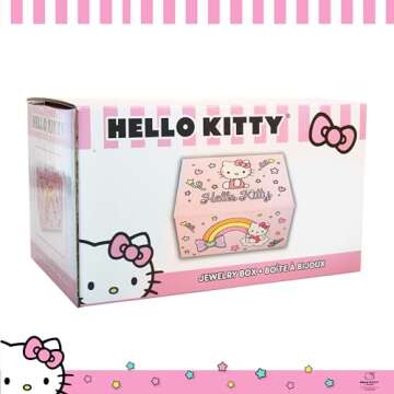 Hello Kitty Jewelry Box with Tray and Storage Official License, Pink Jewelry Box, Wood Jewelry Organizer, Sanrio Gifts (Pink)