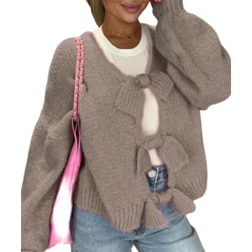 Women Y2K Bow Tie Front Knit Cardigan Sweater Long Sleeve Open Front Sweater Jumper Top Fall Winter ...