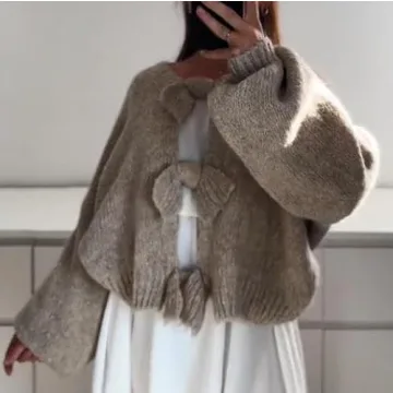 Y2K Bow Tie Front Knit Cardigan Women Fall Outwear