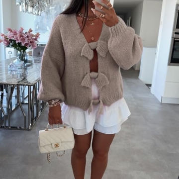 Y2K Bow Tie Front Knit Cardigan Women Fall Outwear