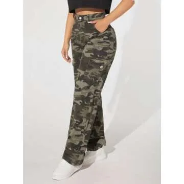 Floerns Women's Flap Pocket Cargo Pants High Waist Straight Leg Denim Jeans Camo Petite XS