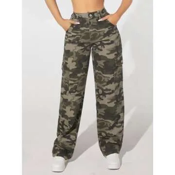 Floerns Women's Flap Pocket Cargo Pants High Waist Straight Leg Denim Jeans Camo Petite XS